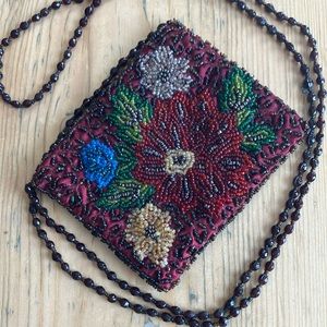 2/$30 Moyna 5”x4” Mini Beaded Bag Garnet Blue Emerald Champagne Floral Motif